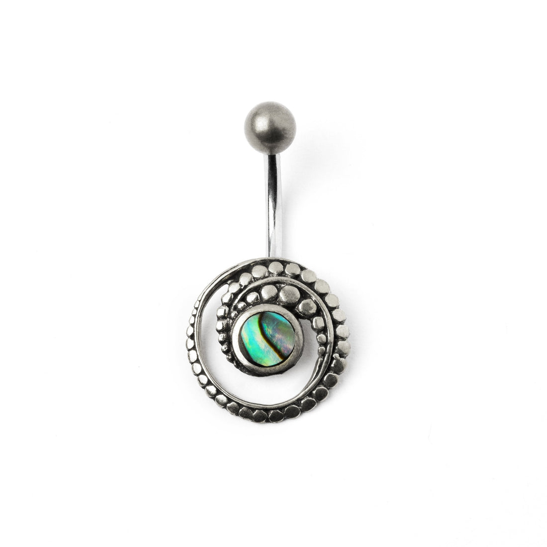 silver spiral belly piercing with Abalone shell frontal view