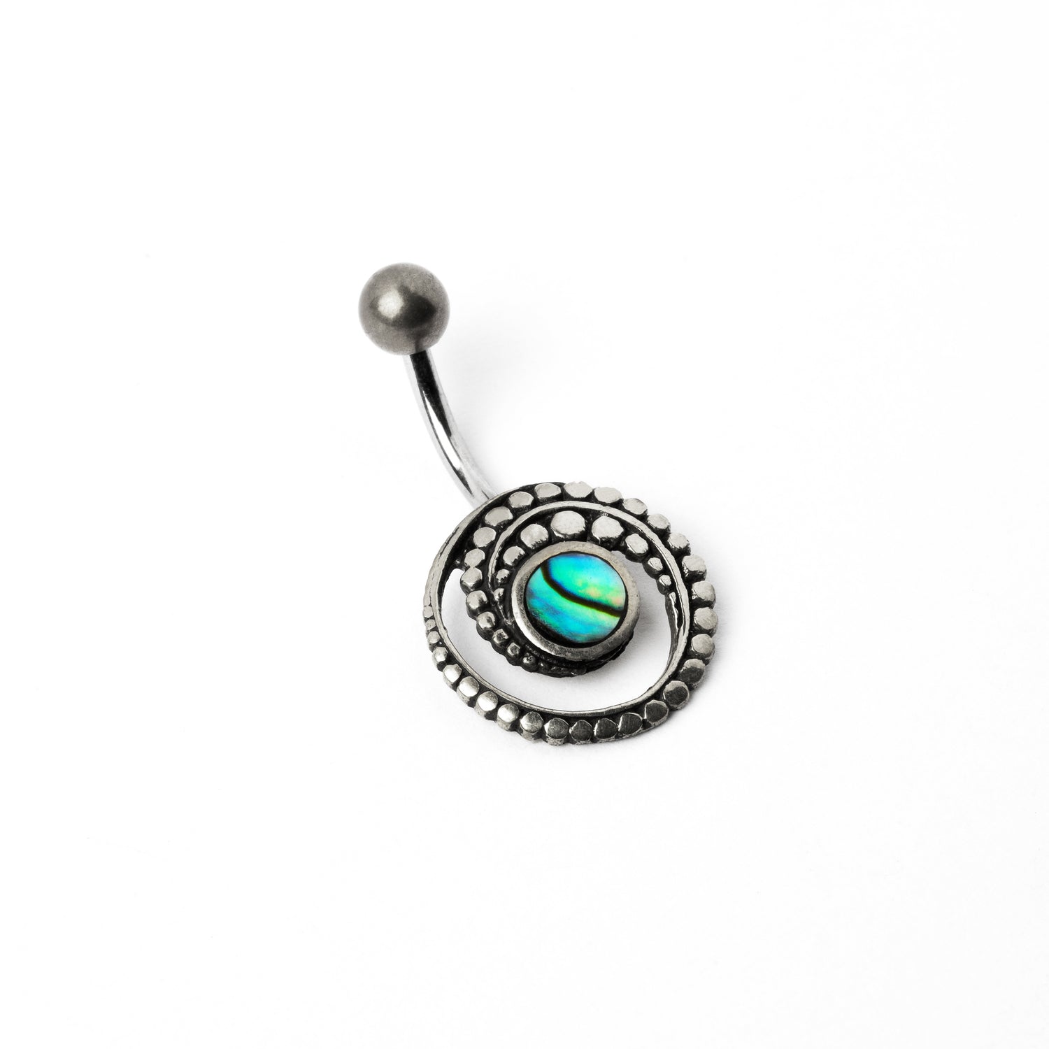 silver spiral belly piercing with Abalone shell left side view