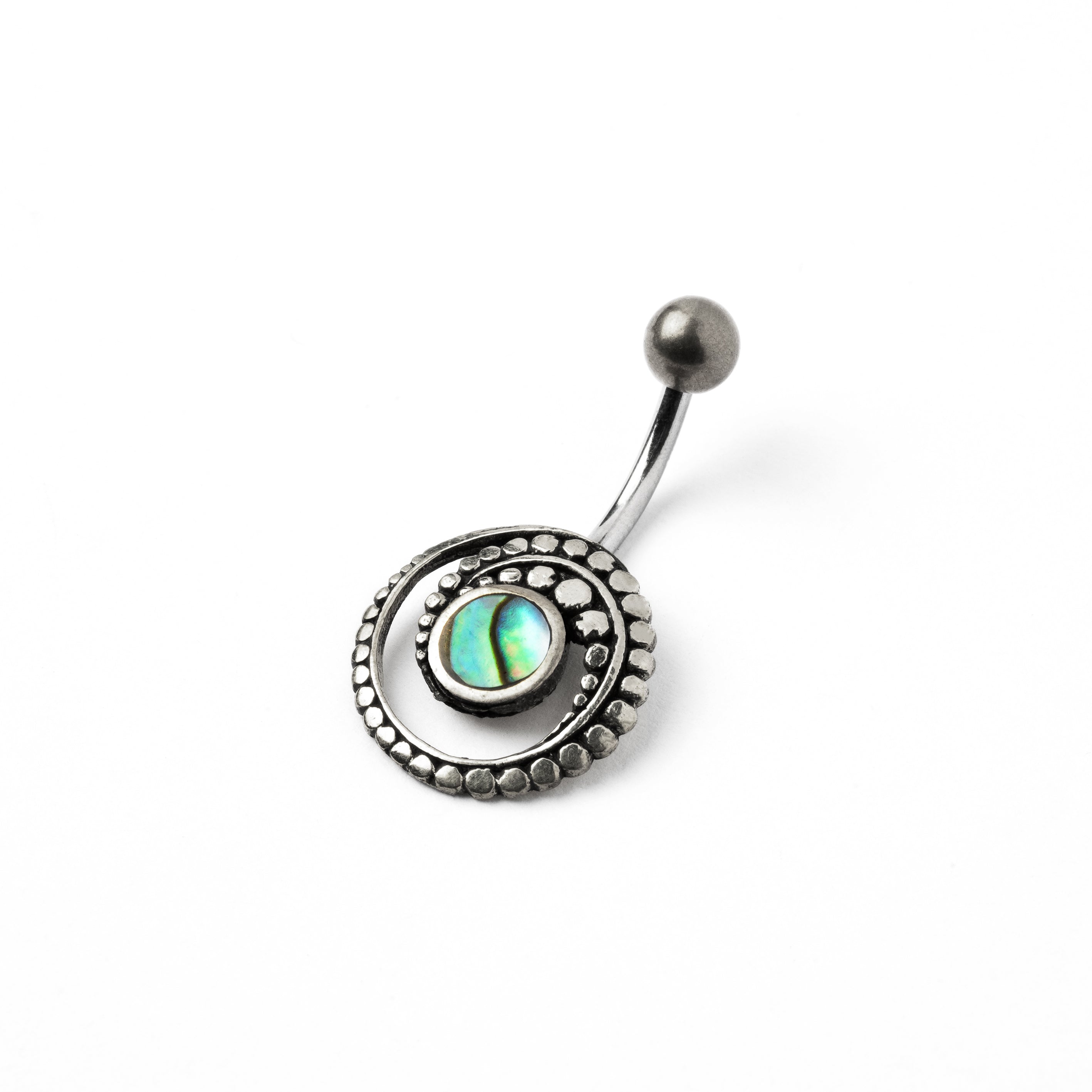 silver spiral belly piercing with Abalone shell right side view