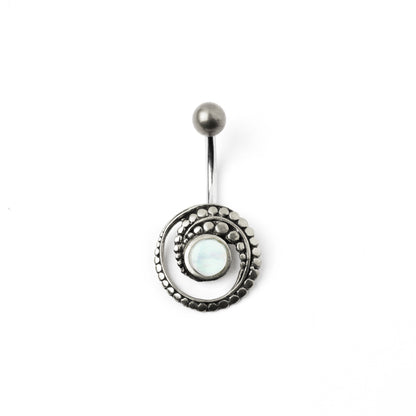 silver spiral belly piercing with mother of pearl shell frontal view