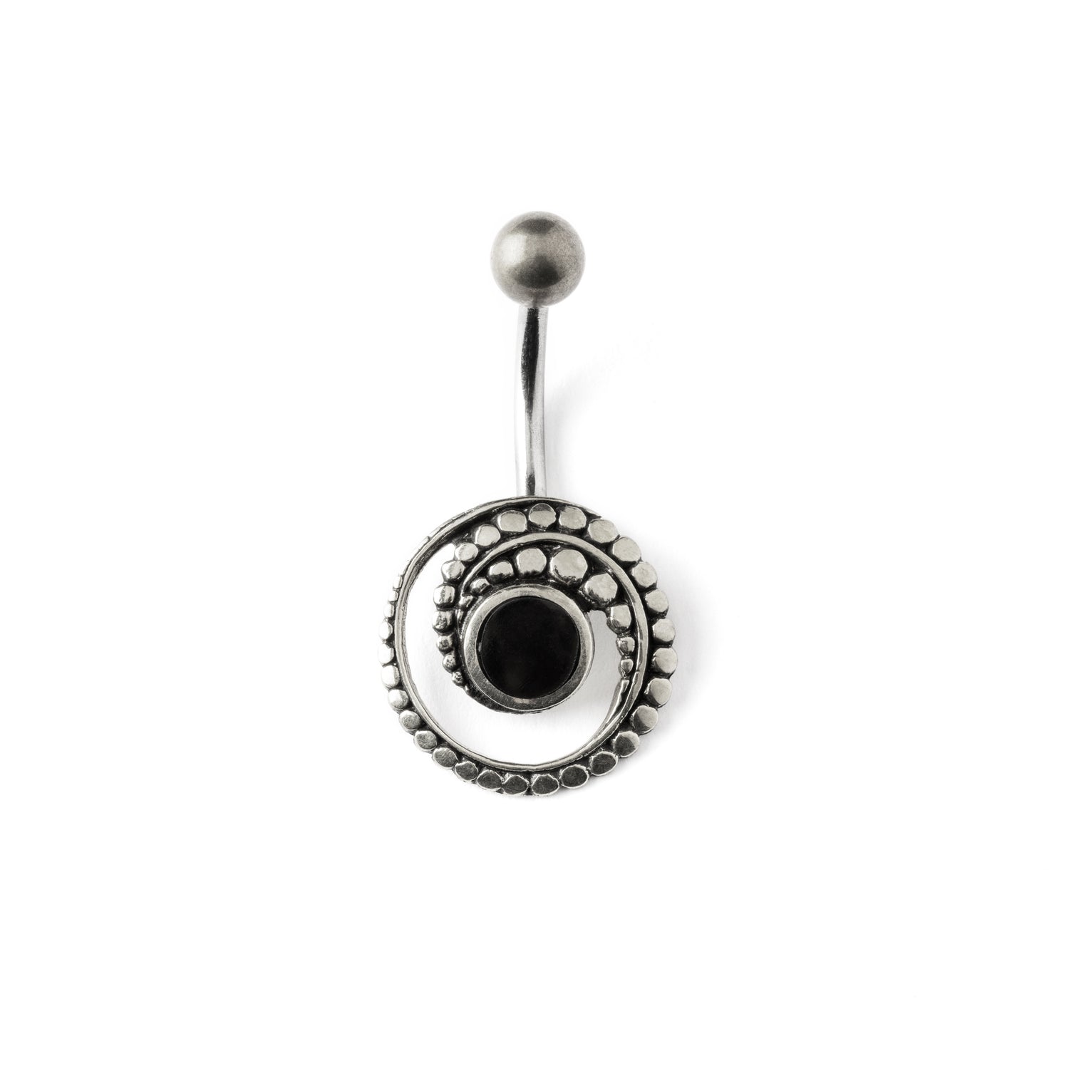 silver spiral belly piercing with black onyx shell frontal view