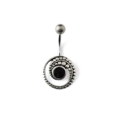 silver spiral belly piercing with black onyx shell frontal view
