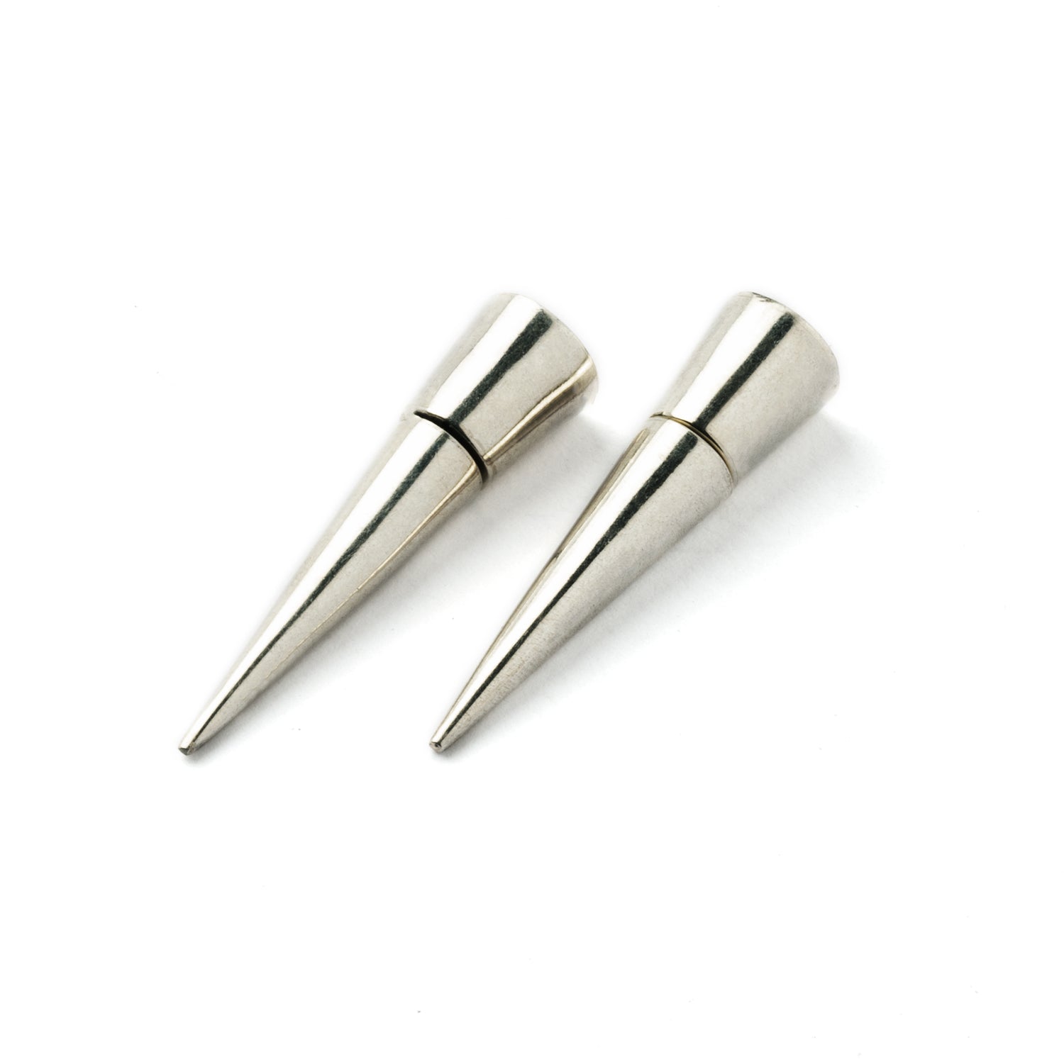 Spitalfields- pair of 40mm Silver Fake Gauge Spike Earrings side view