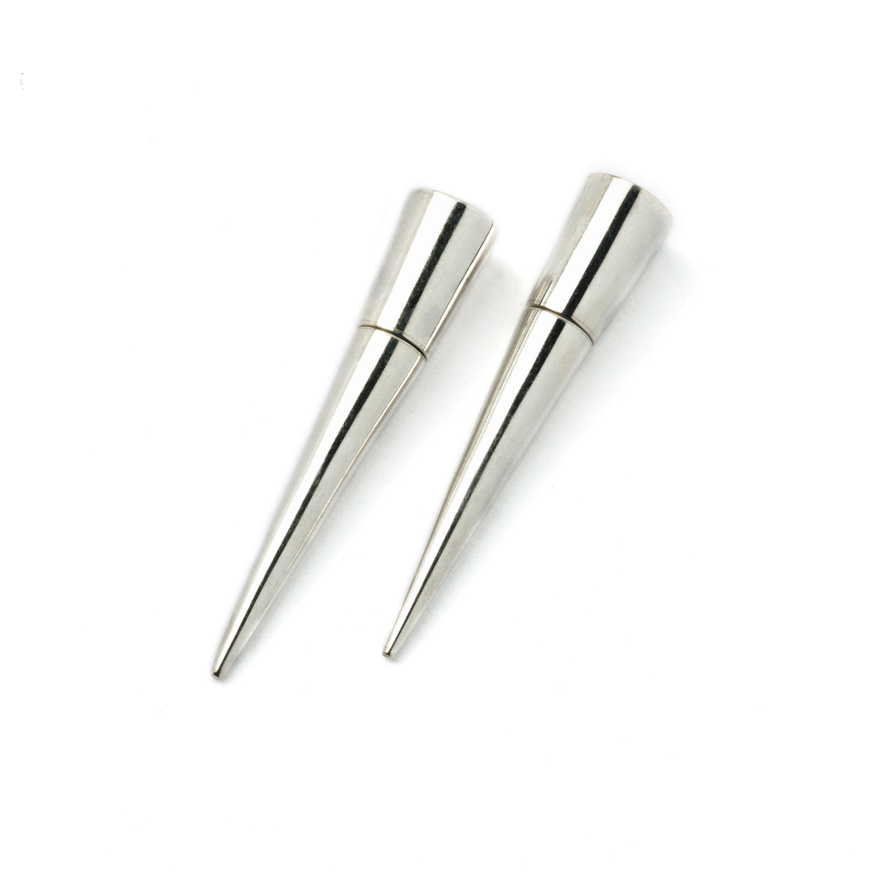 Spitalfields- pair of 50mm Silver Fake Gauge Spike Earrings side view