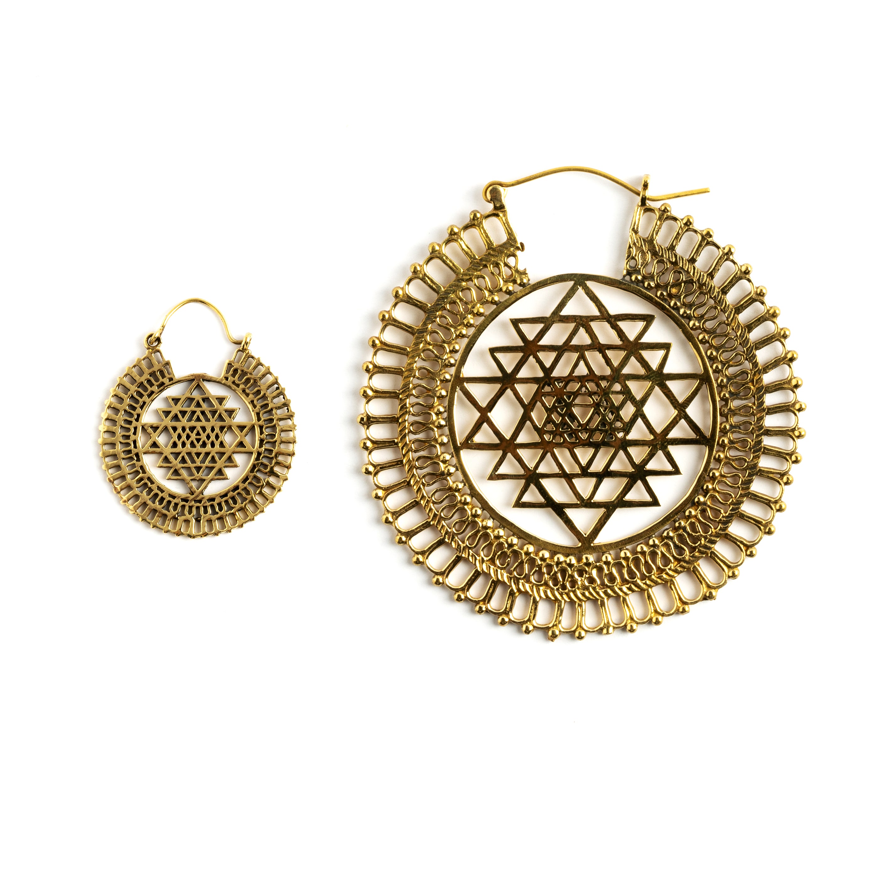 Sri Yantra Brass Hoops small and medium sizes frontal view