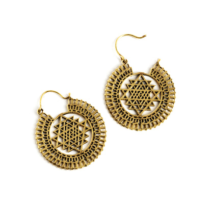 Sri Yantra Brass Hoops frontal view with open clasp
