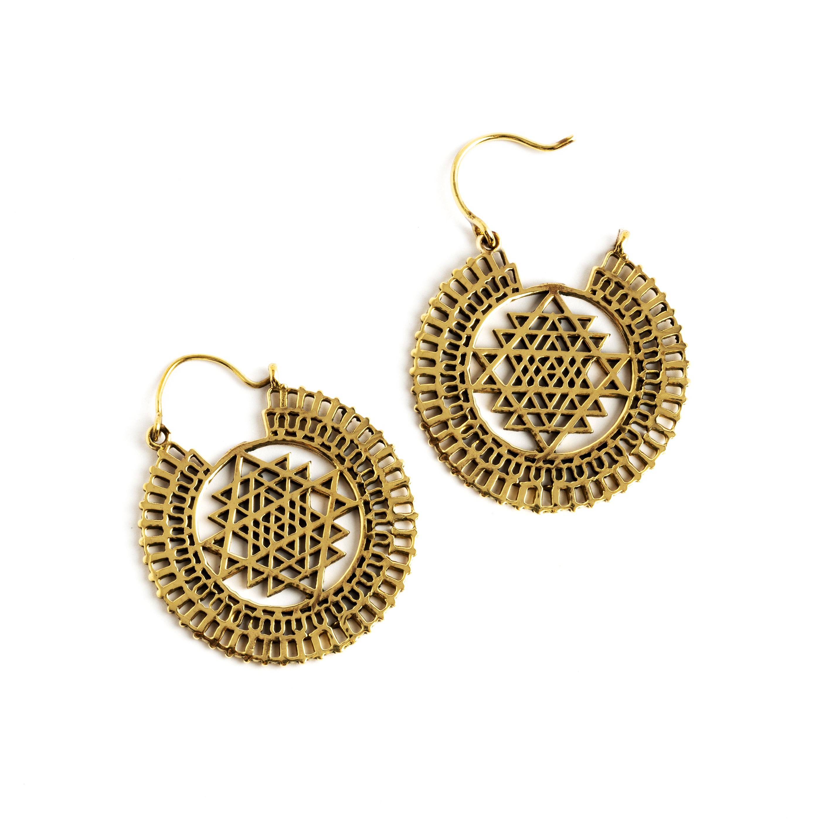 Sri Yantra Brass Hoops frontal view with open clasp