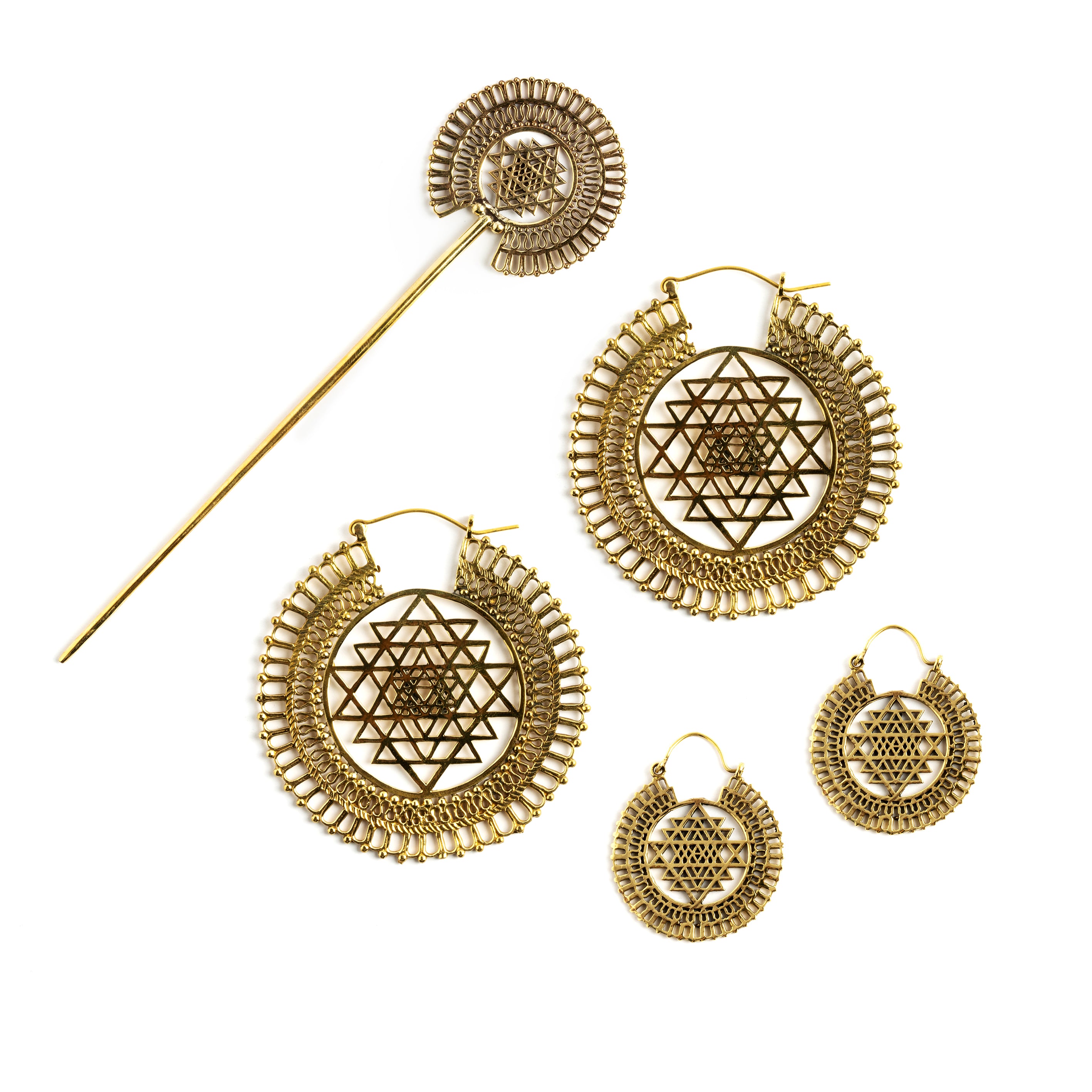 Sri Yantra Brass Hoops small and medium sizes and matching hair stick