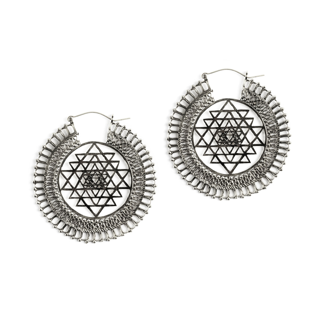 Sri Yantra Silver Hoops earrings frontal view