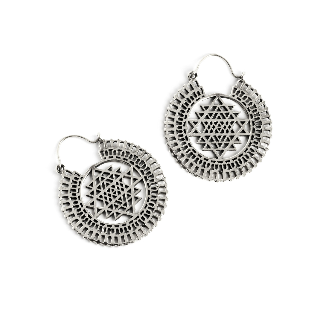 Sri Yantra Silver Hoops earrings frontal view