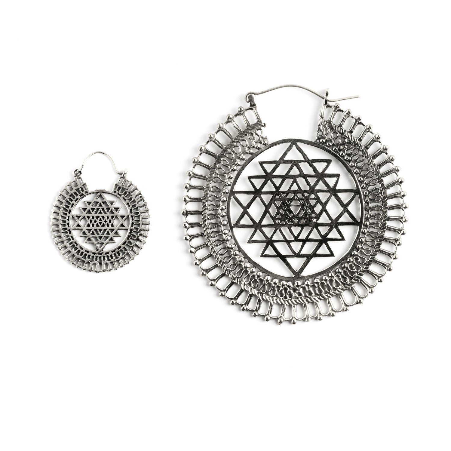small and large Sri Yantra Silver Hoops earrings frontal view