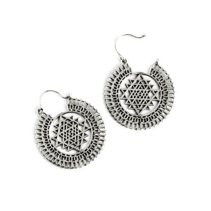 Sri Yantra Silver Hoops earrings frontal view with open clasp