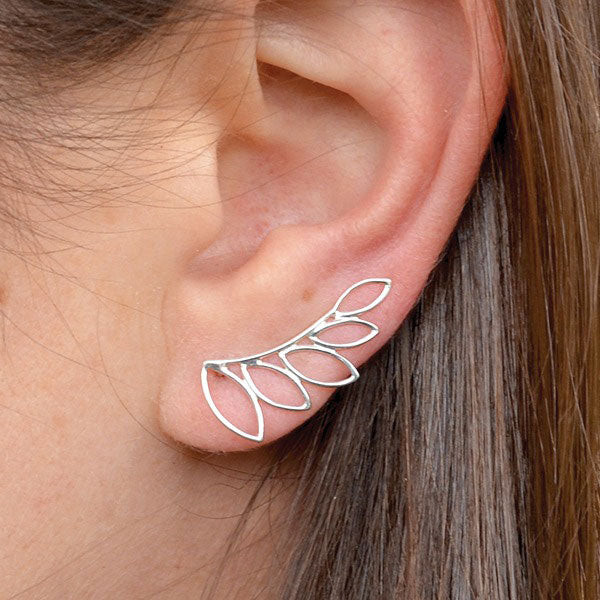 single sterling silver leaf outlines ear climber model view