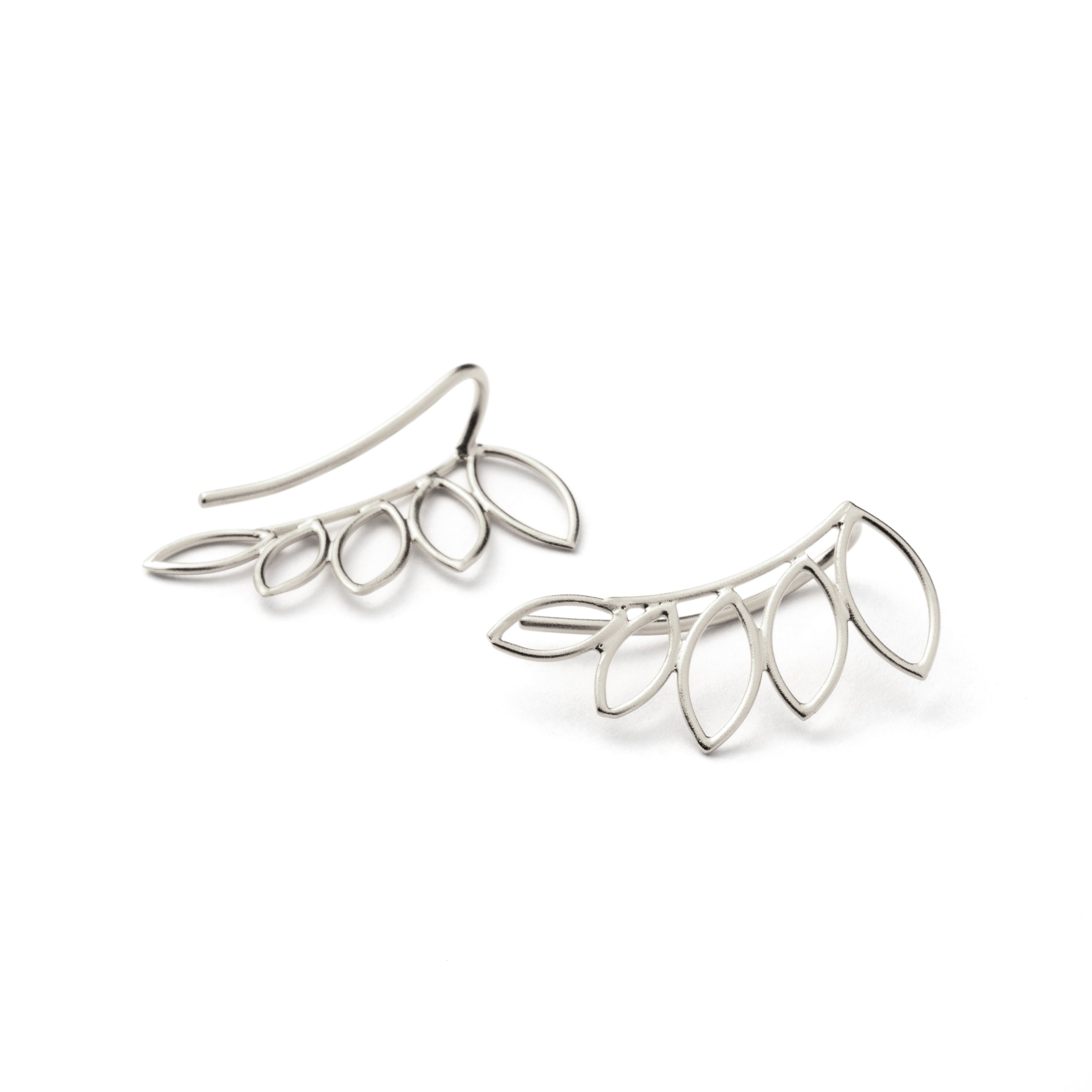 pair of sterling silver leaf outlines ear climbers front and back view