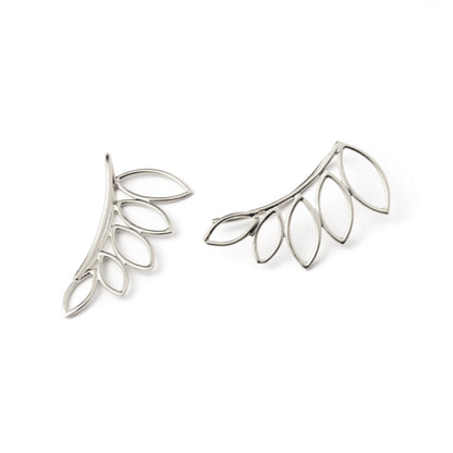 pair of sterling silver leaf outlines ear climbers front and backside view
