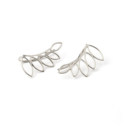 pair of sterling silver leaf outlines ear climbers side view