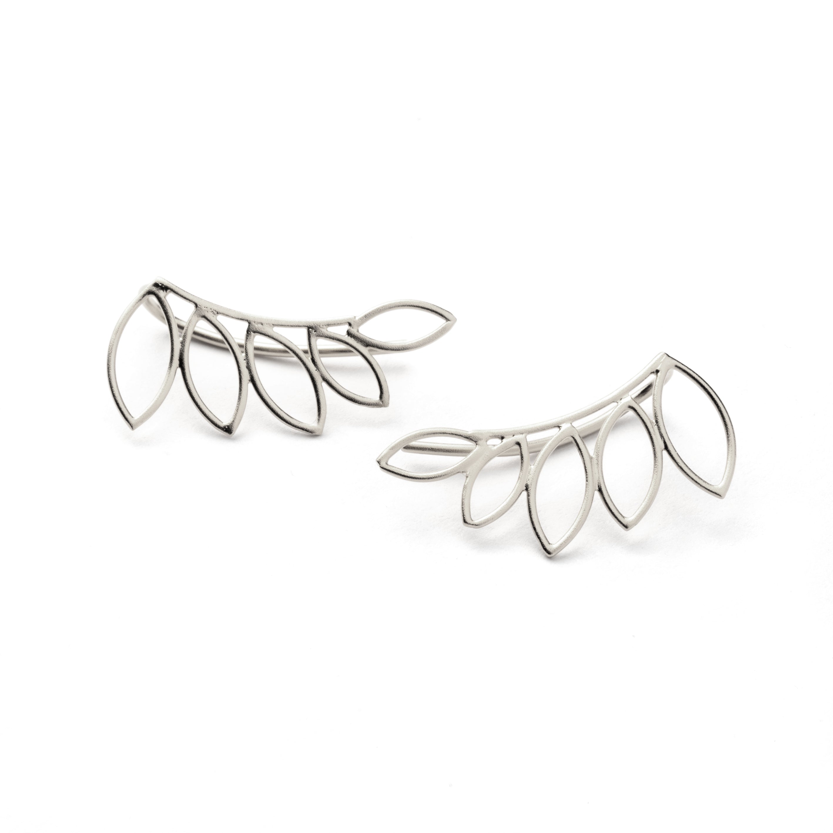 pair of sterling silver leaf outlines ear climbers frontal view