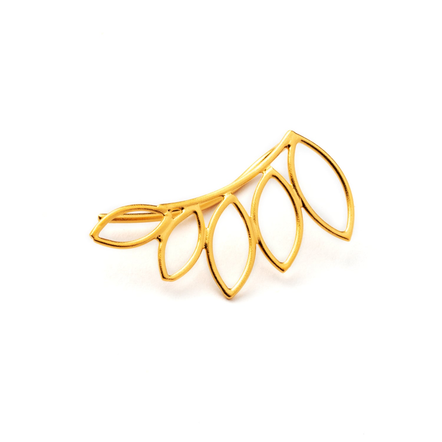 single 24k gold plated silver leaf outlines ear climber frontal view