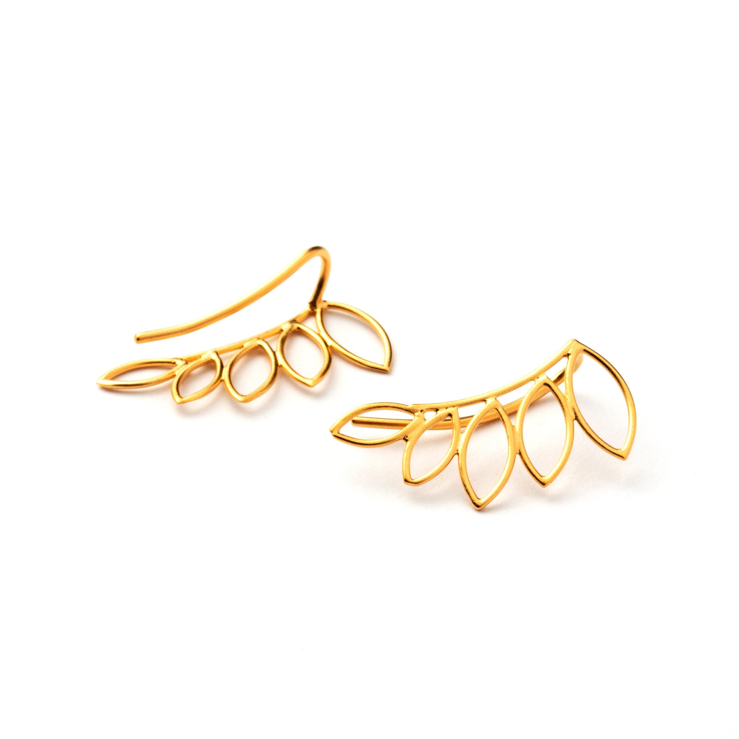pair of 24k gold plated silver leaf outlines ear climbers front and backside view