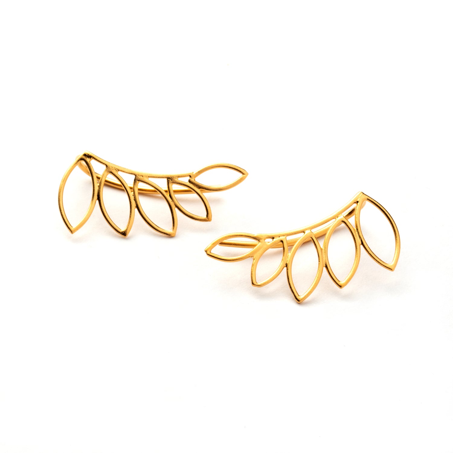 pair of 24k gold plated silver leaf outlines ear climbers frontal view