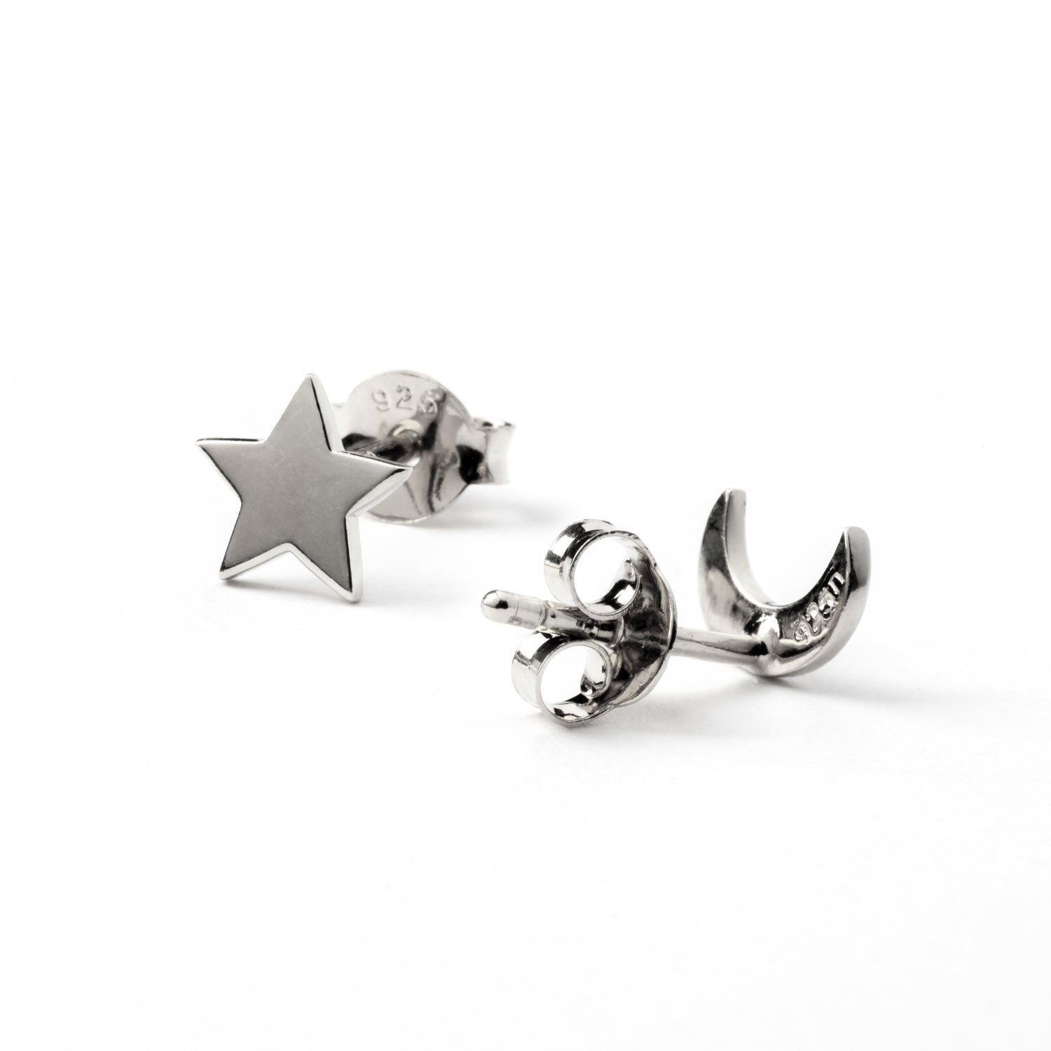 celestial Sterling Silver moon and star stud earrings front and back view