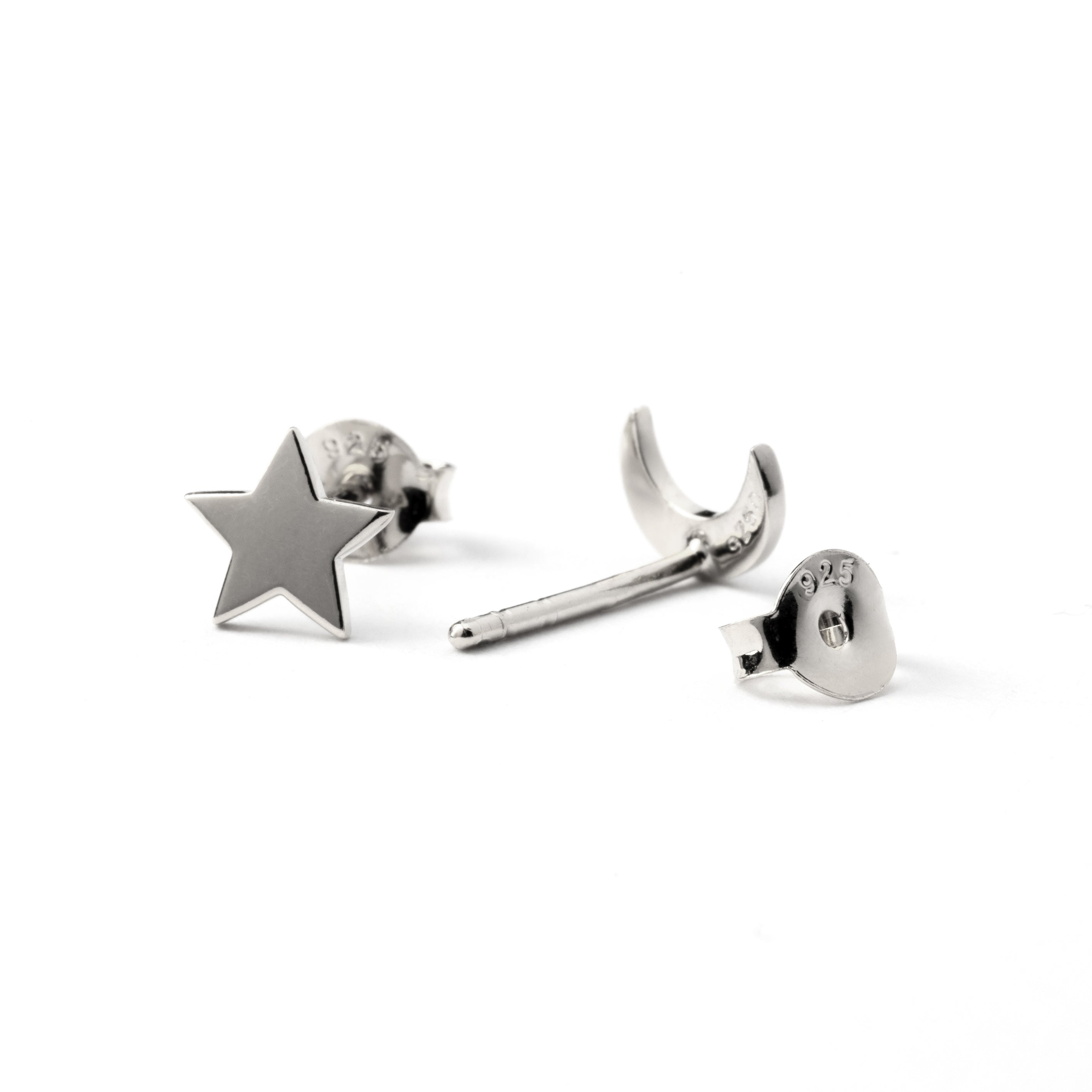 celestial Sterling Silver moon and star stud earrings front and back view
