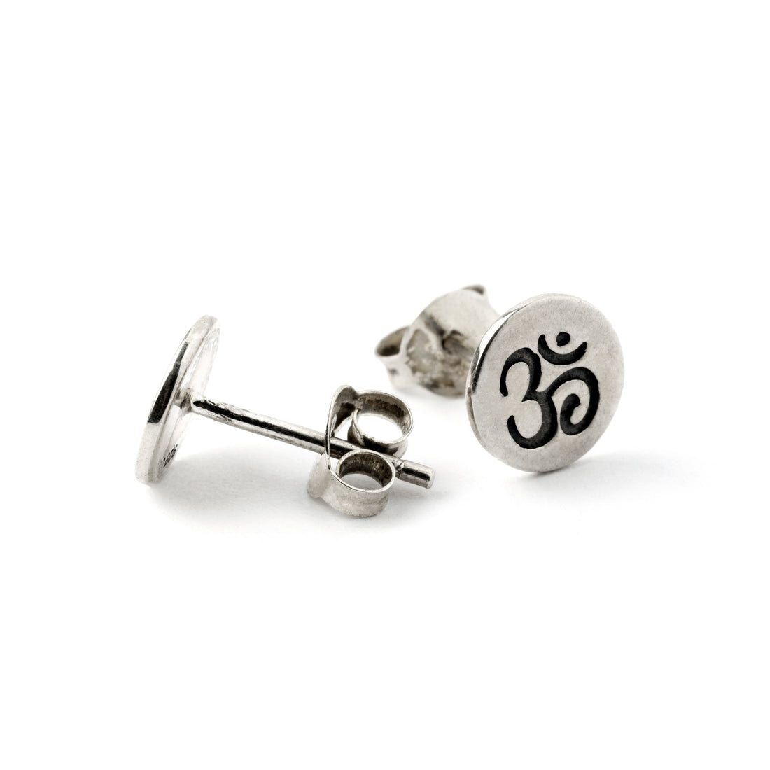 Silver Om Ear Studs front and back view