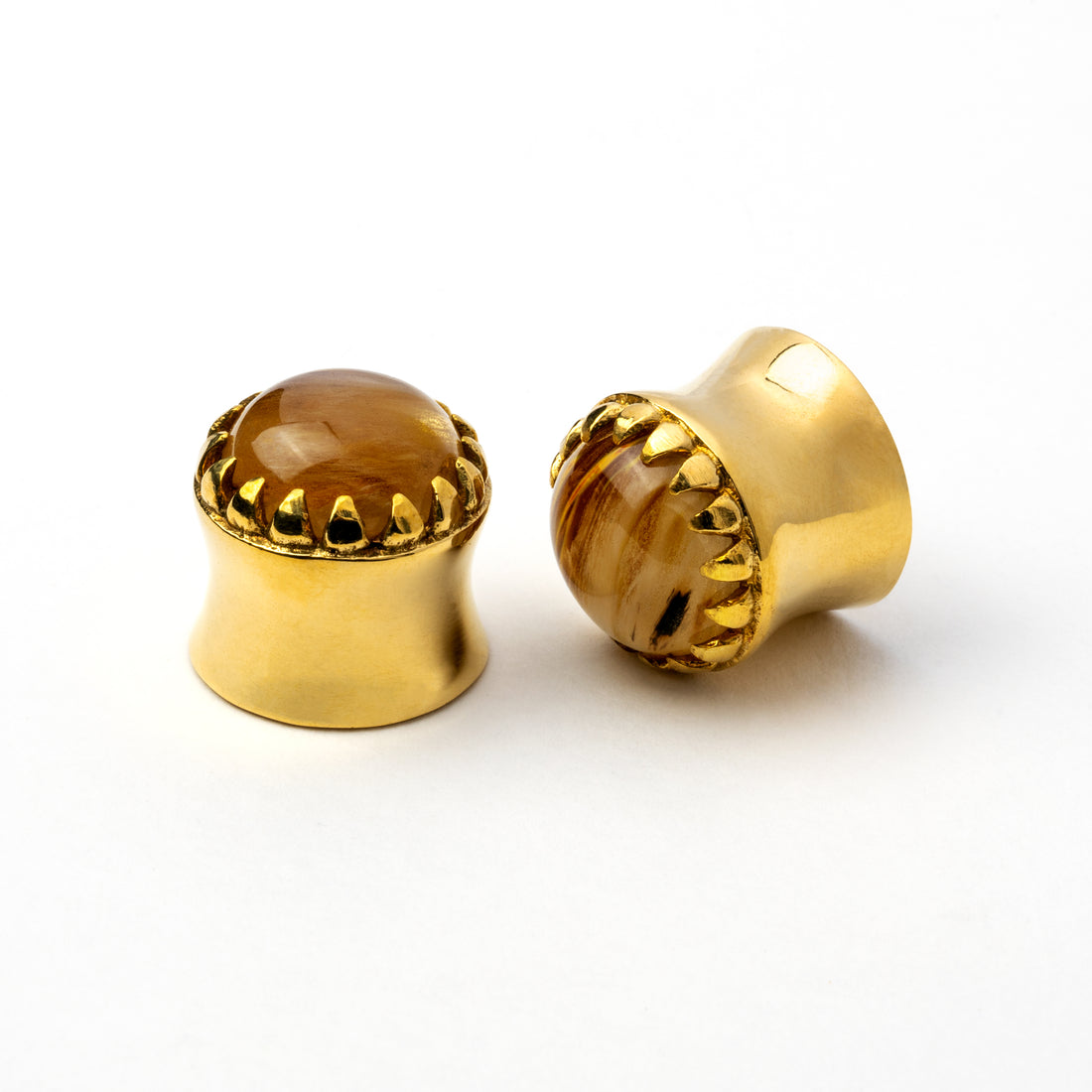 golden plug earring crown shaped with tiger eye glass