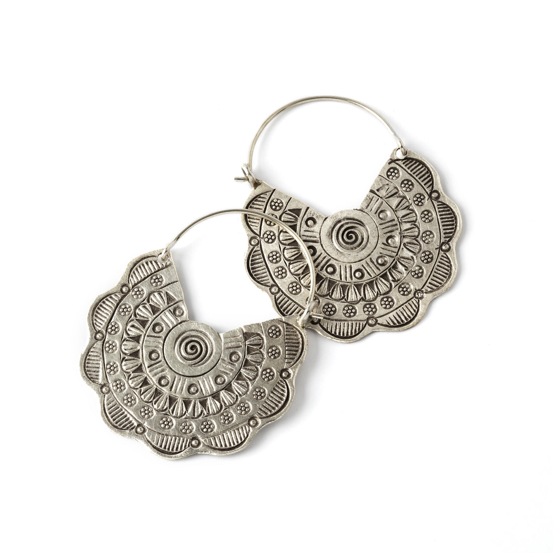 pair of flower disc silver earrings with tribal motifs stemps