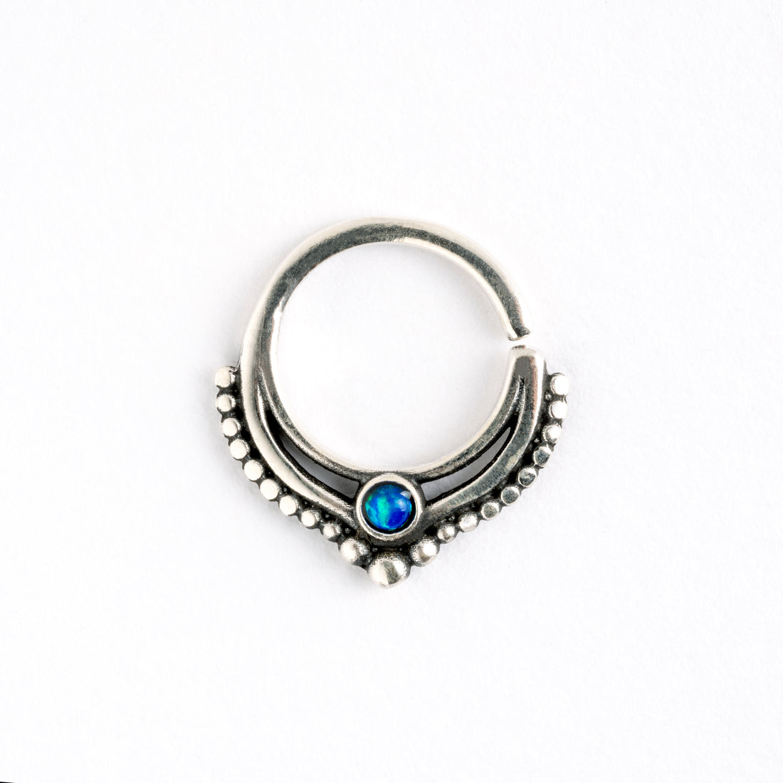 Sterling Silver teardrop Deva septum ring with Blue Opal frontal view
