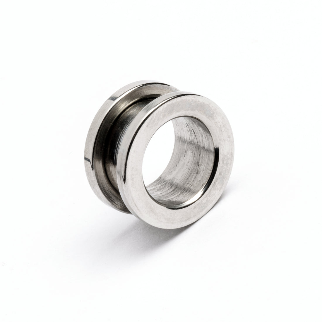 single surgical steel ear tunnel with double flared ends right front view