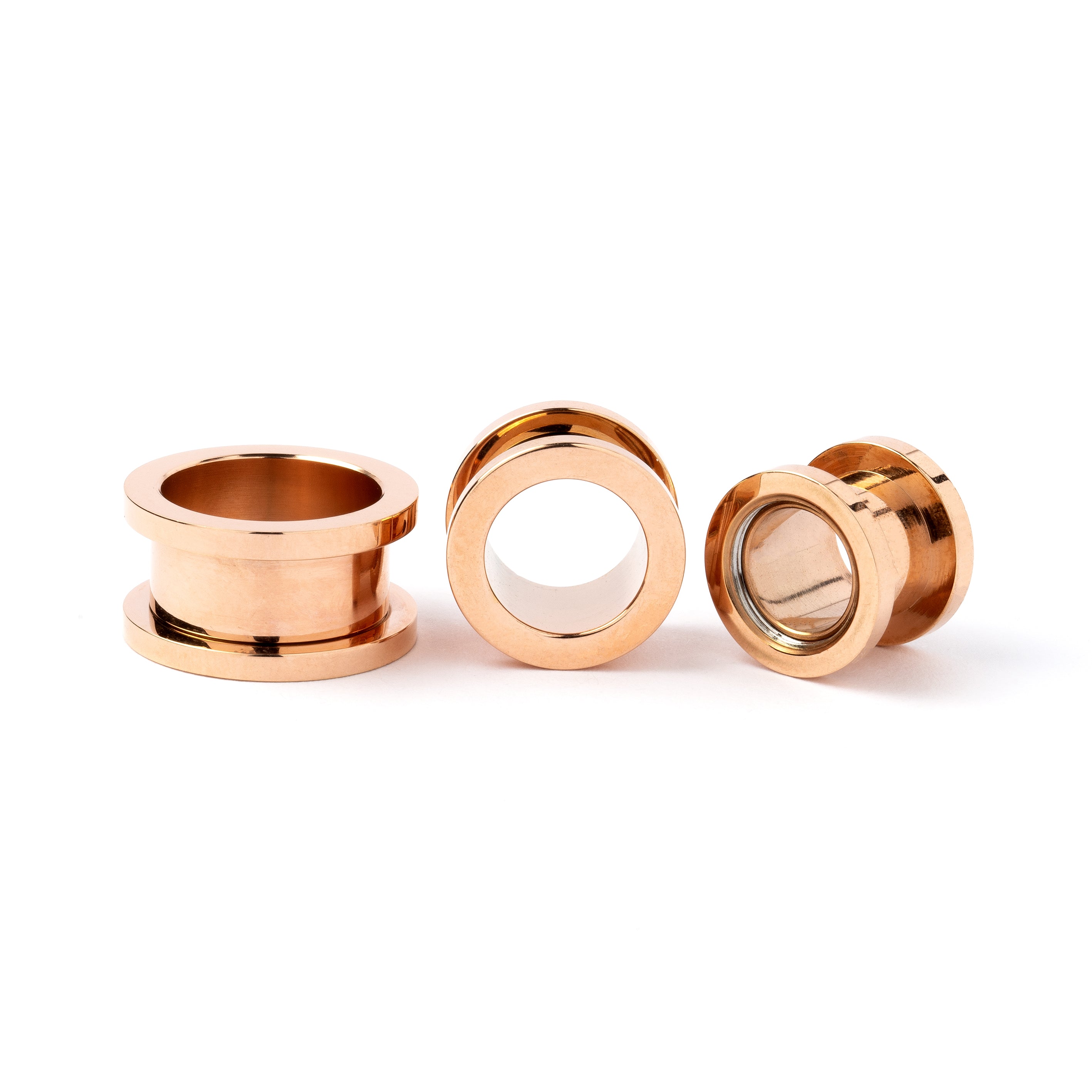 several sizes of rose gold surgical steel ear tunnel with double flared ends front and side view