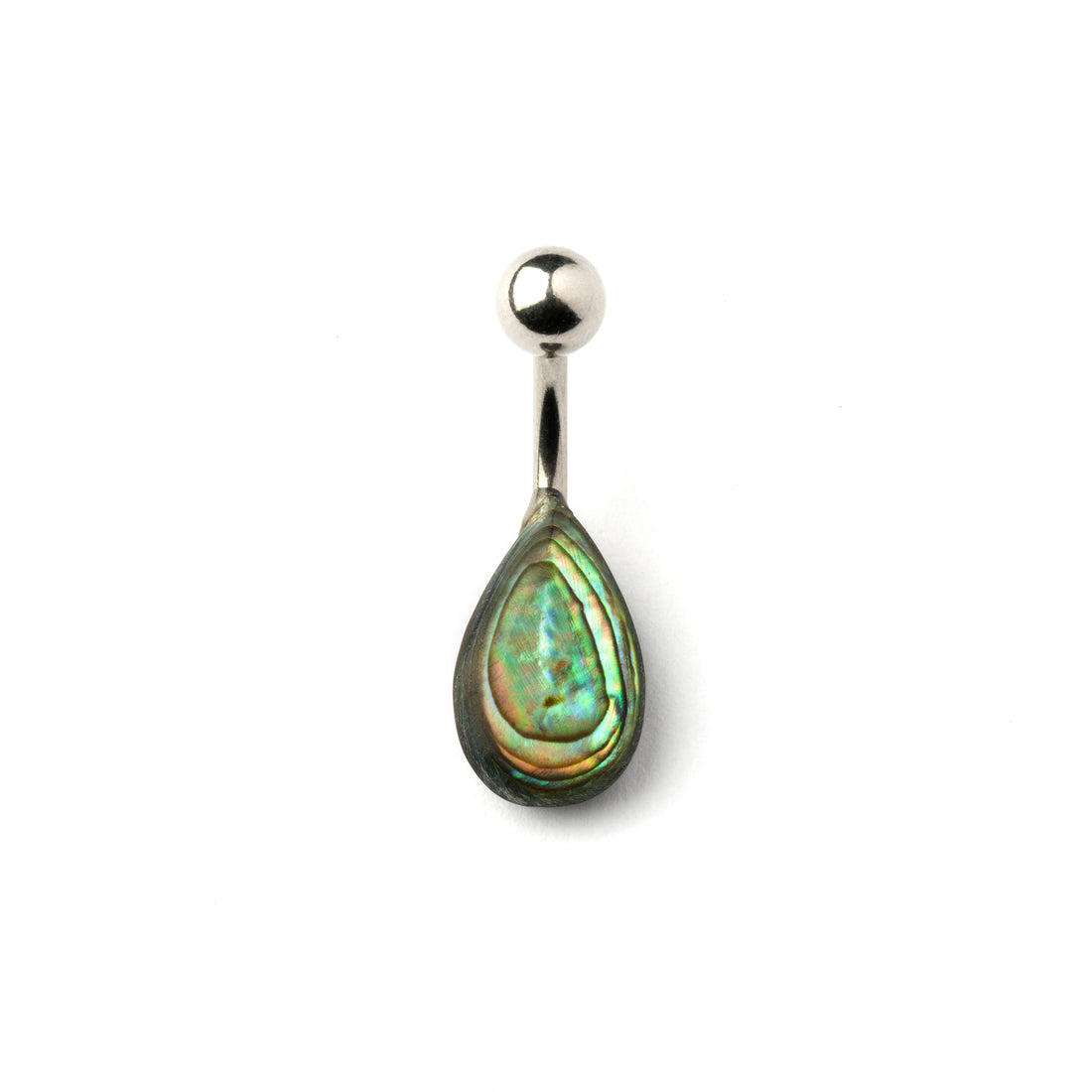 teardrop shaped abalone shell belly piercing on a surgical steel bar frontal view