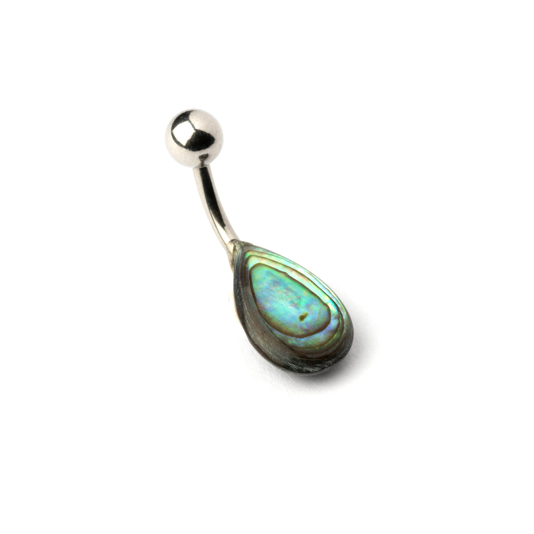 teardrop shaped abalone shell belly piercing on a surgical steel bar right side view