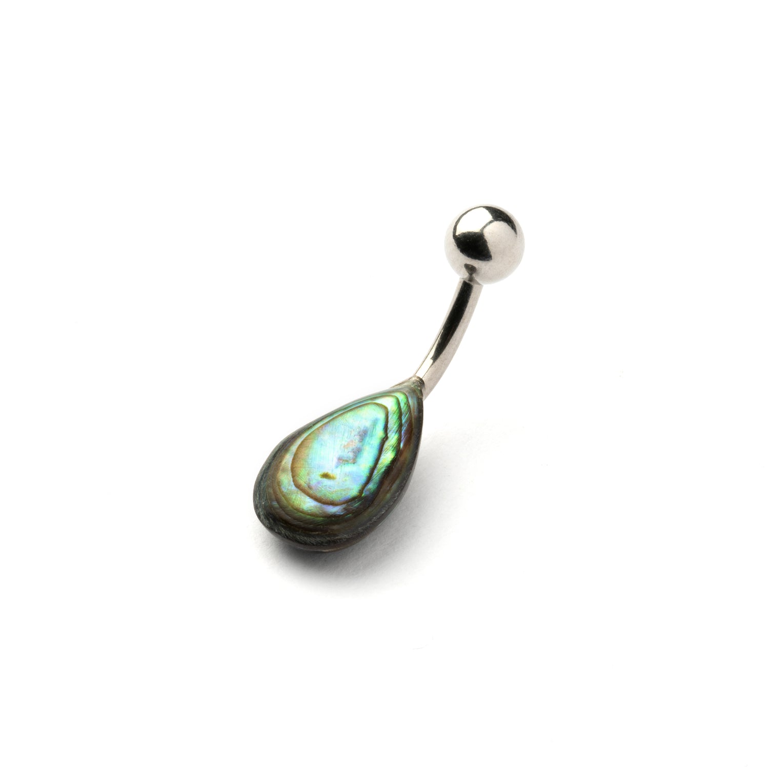 teardrop shaped abalone shell belly piercing on a surgical steel bar left side view