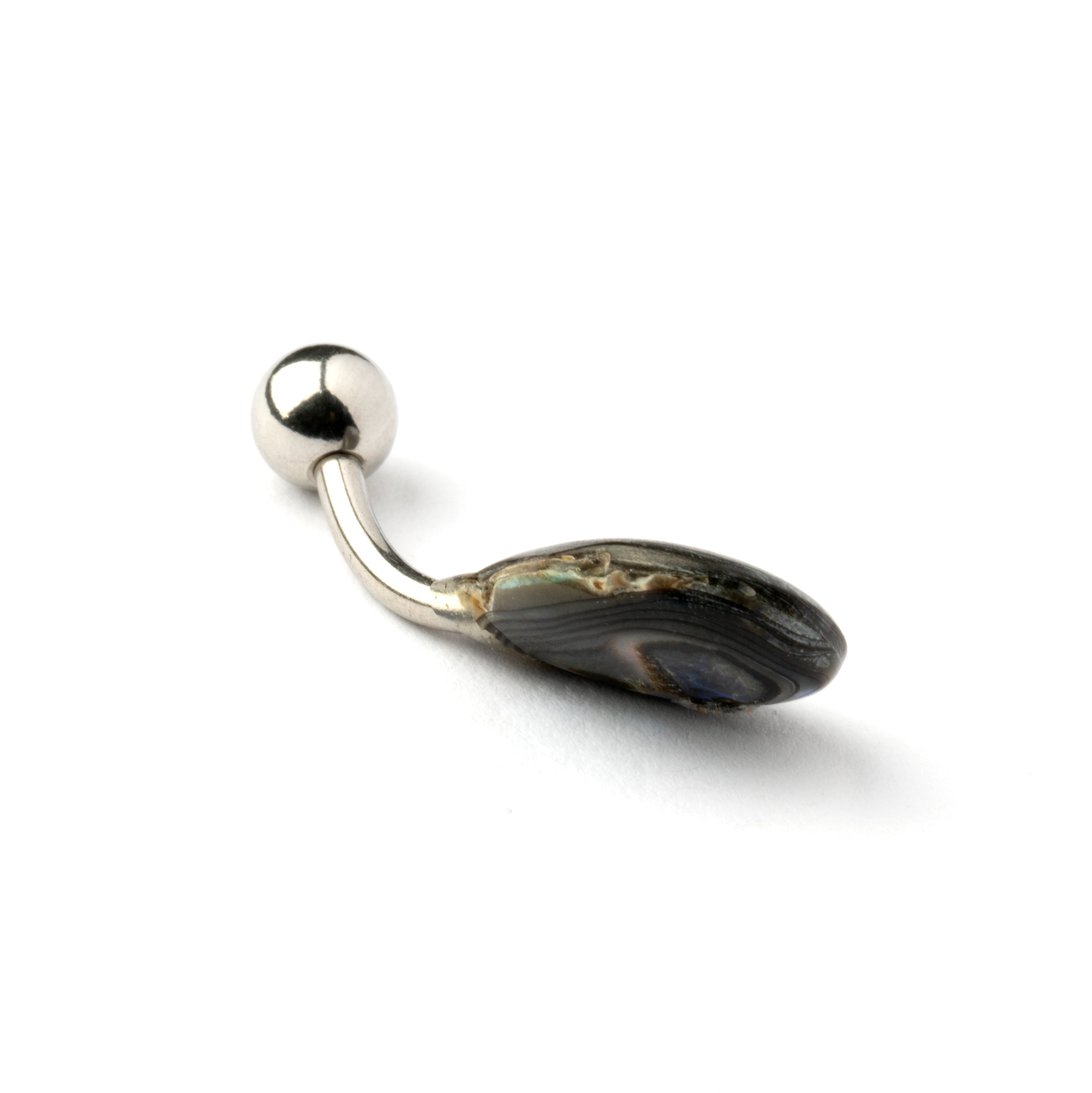 teardrop shaped abalone shell belly piercing on a surgical steel bar back side view