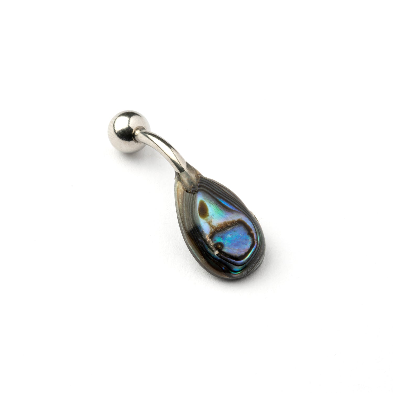 teardrop shaped abalone shell belly piercing on a surgical steel bar back\ view