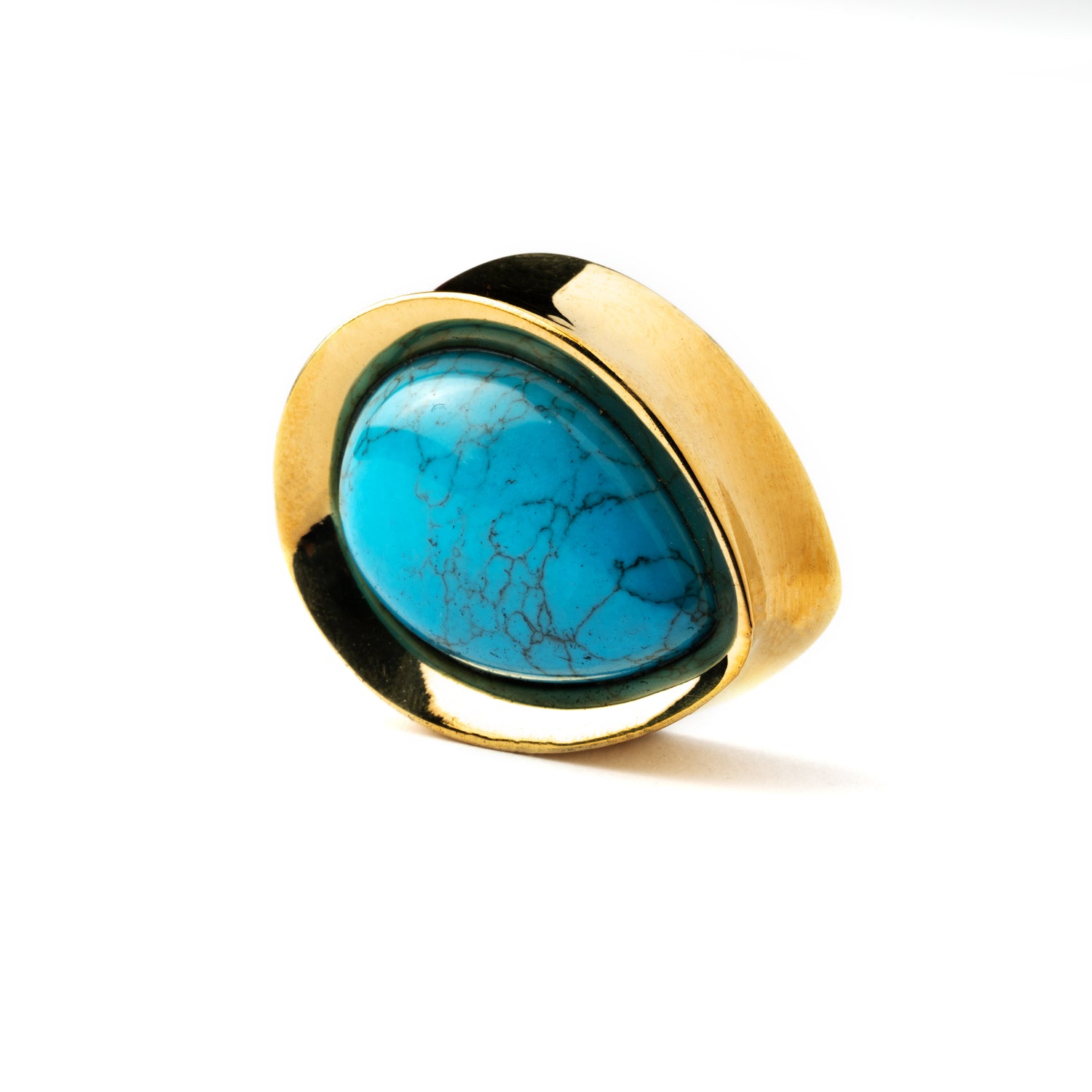Golden brass teardrop Turquoise ear plug side view