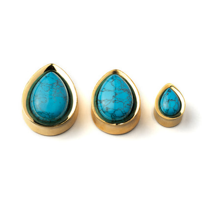 several sizes of Golden brass teardrop Turquoise ear plugs frontal view