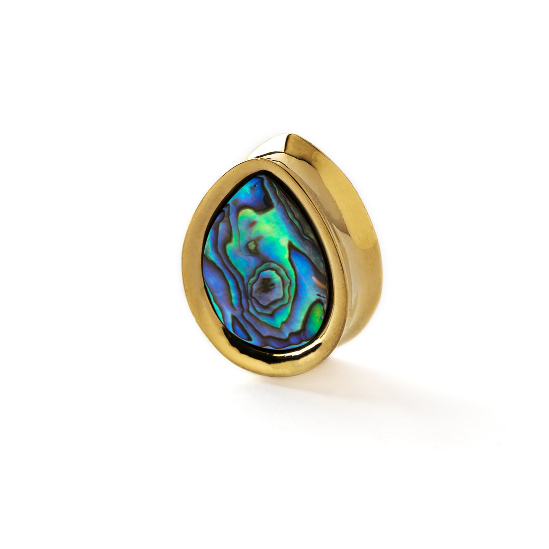 golden teardrop shaped plug earring with abalone shell inlay