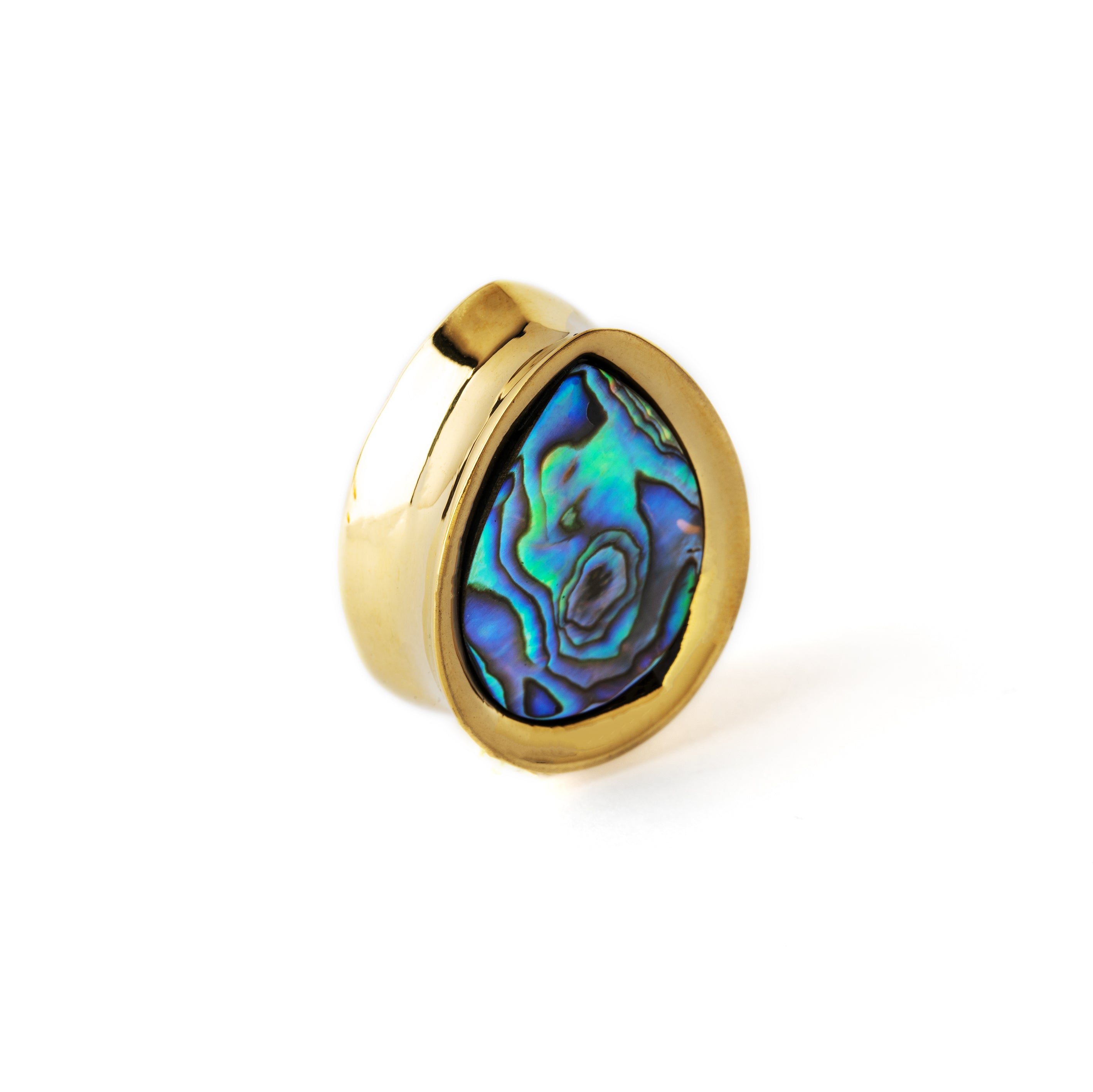 golden teardrop shaped plug earring with abalone shell inlay right side view