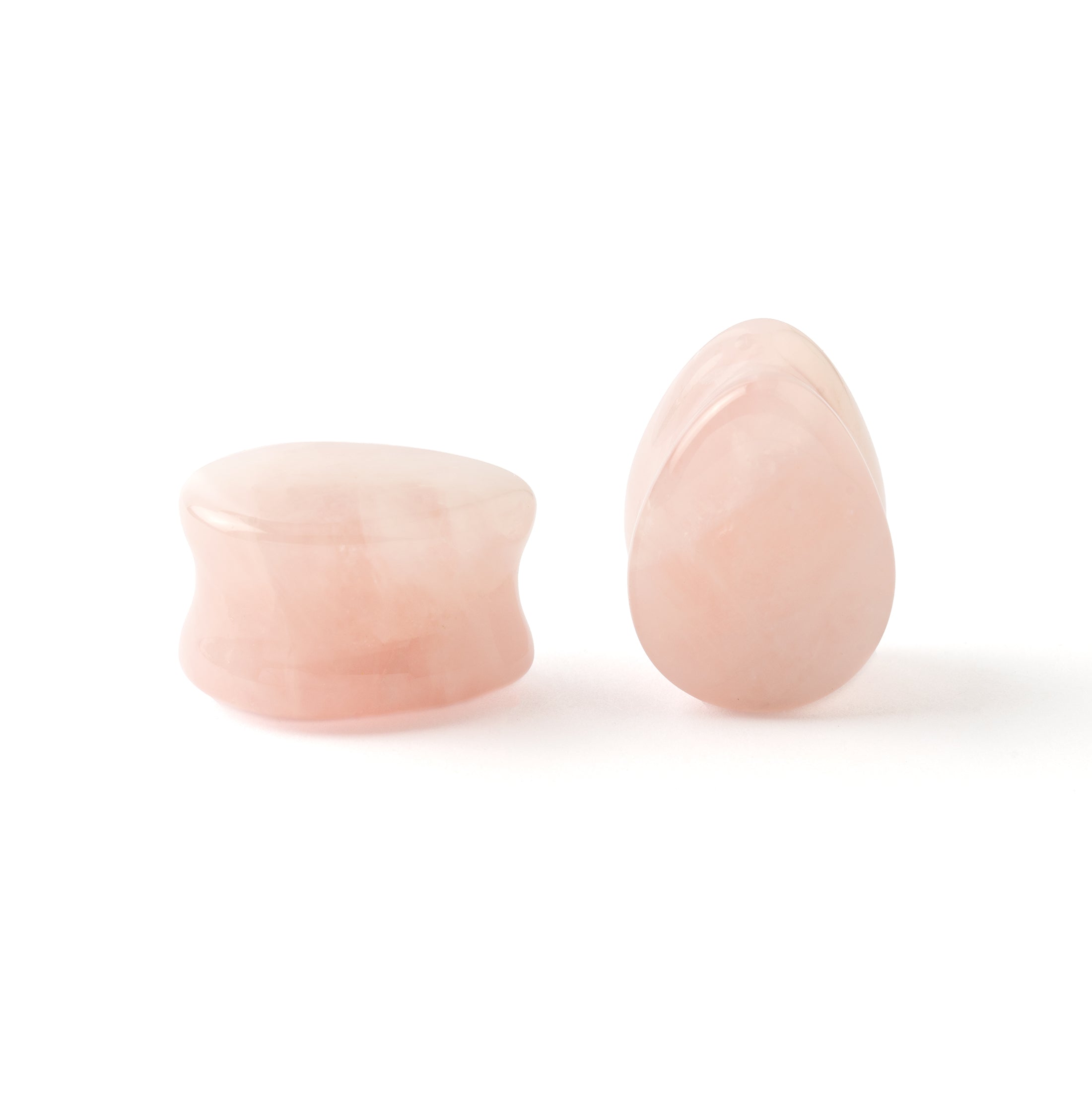 Teardrop Rose Quartz stone Plugs front and side view