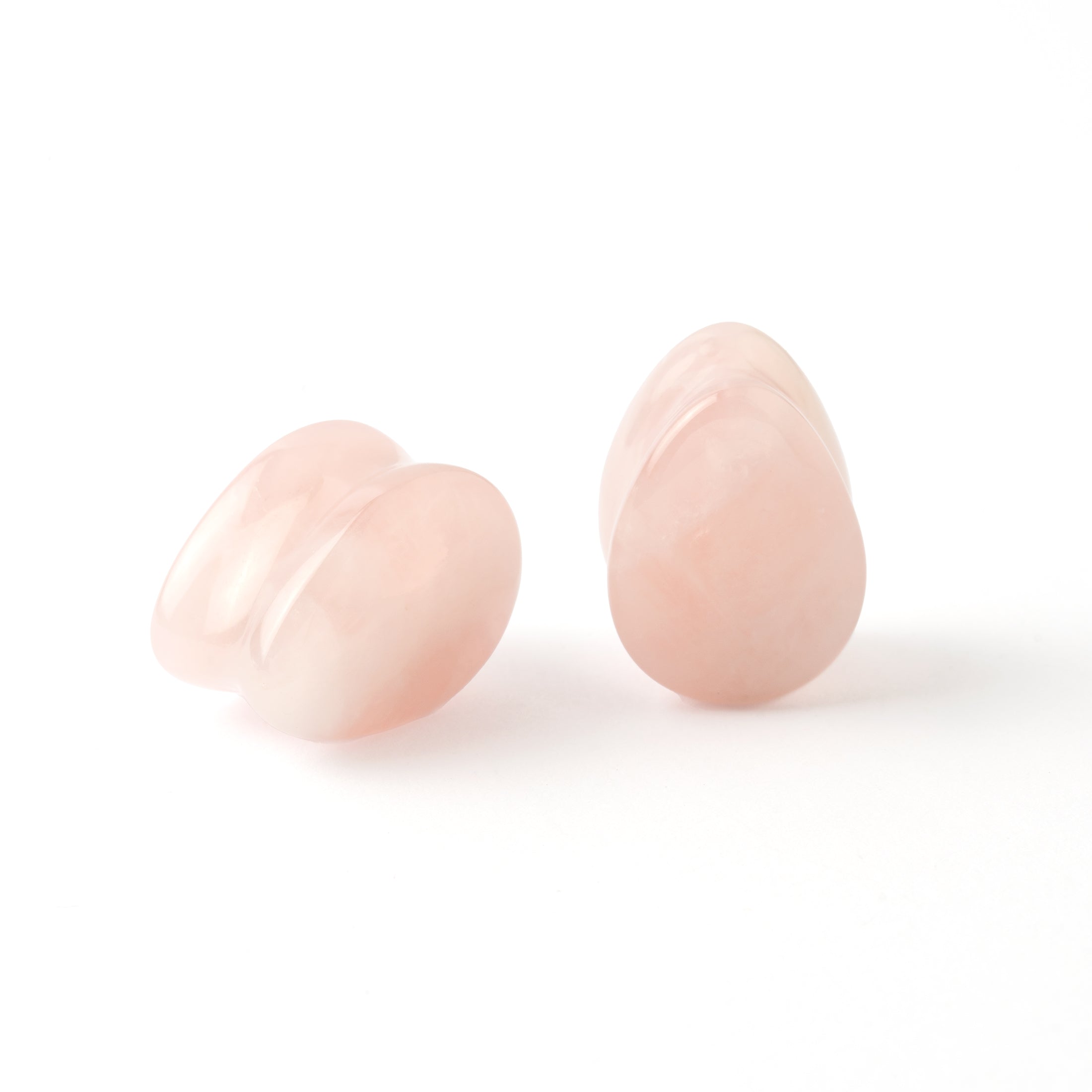 Teardrop Rose Quartz stone Plugs front and side view