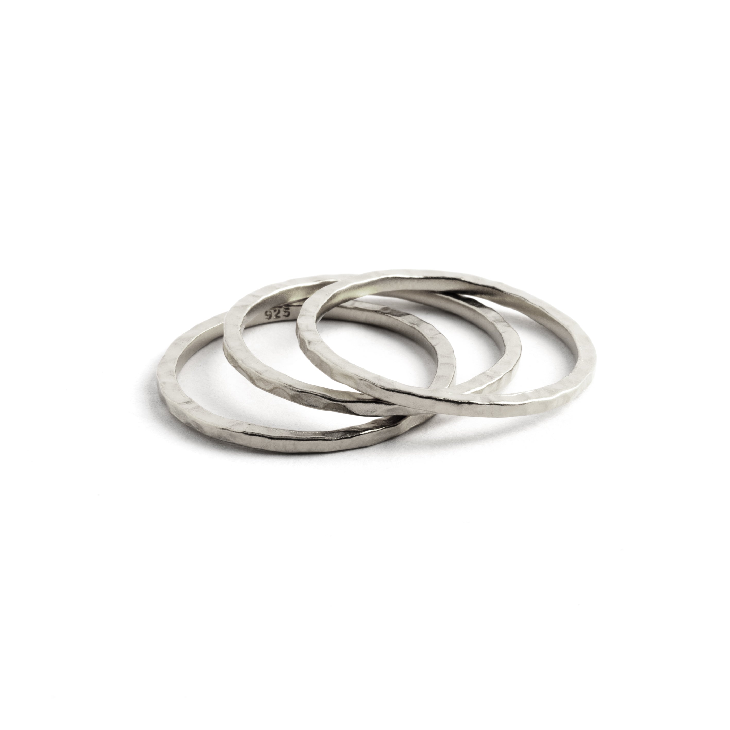 multiple hammered silver stacking band rings