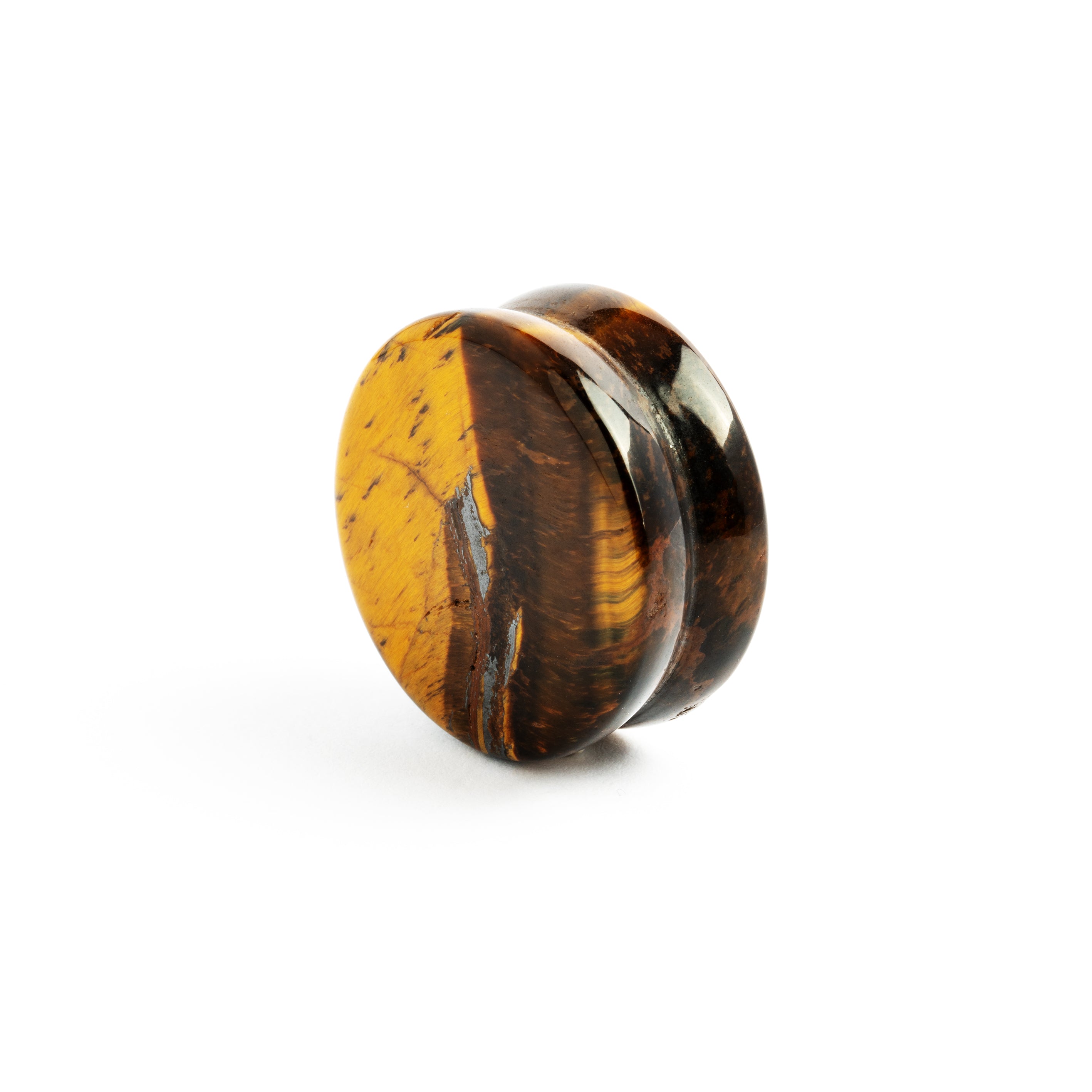 single tiger eye double flare stone ear plug left side view