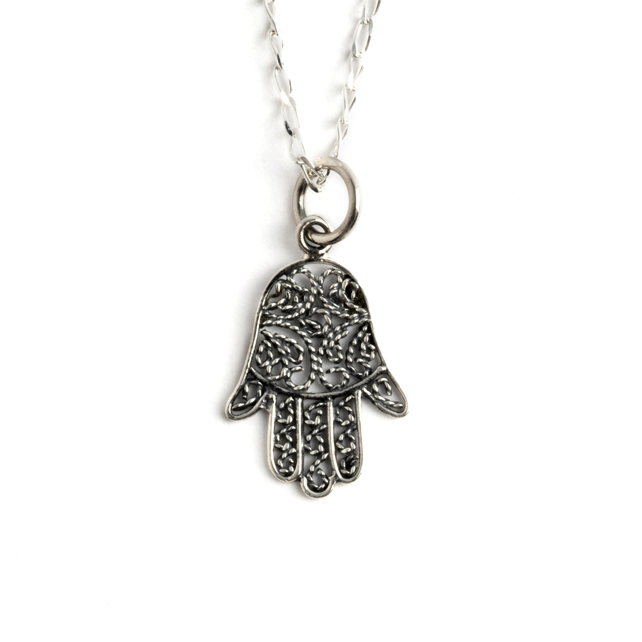 Tiny Silver Hamsa Charm necklace frontal view