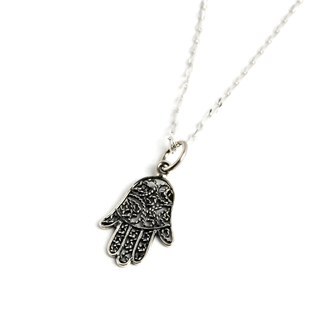 Tiny Silver Hamsa Charm necklace right side view