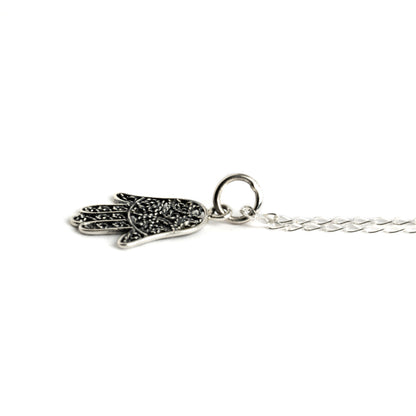 Tiny Silver Hamsa Charm necklace side view