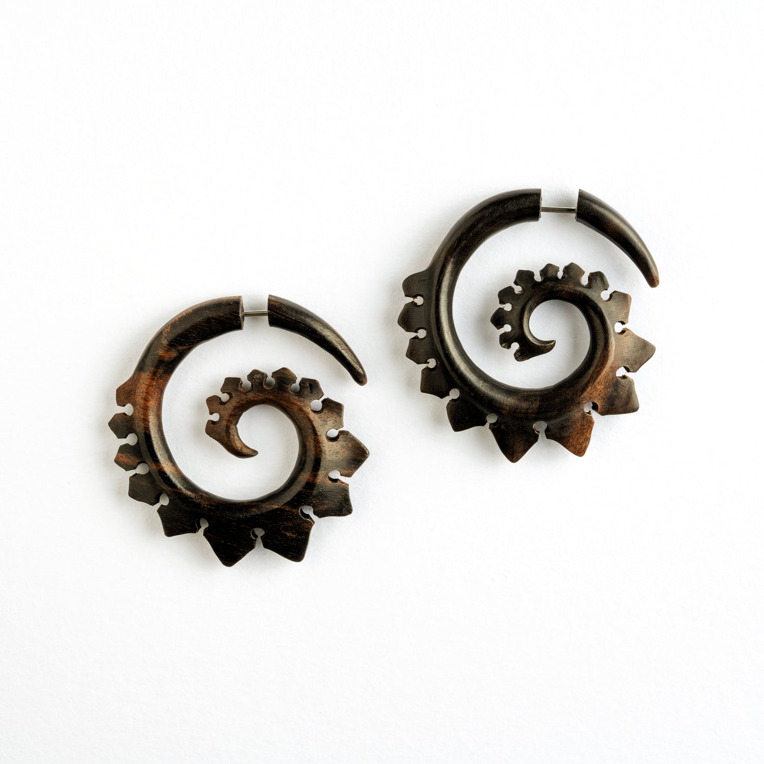 pair of Tipu Blackwood spiral Fake Gauge Earrings frontal view