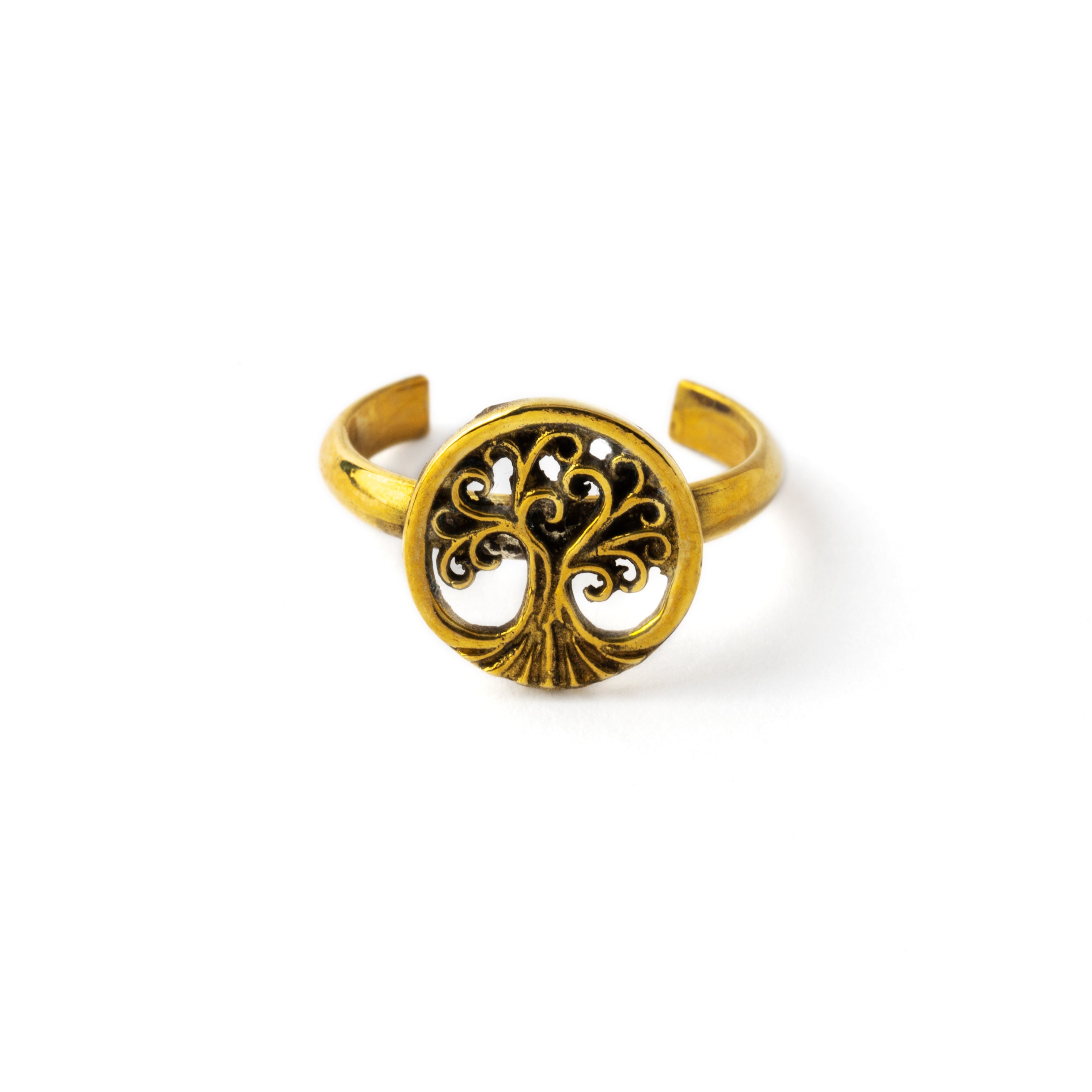 golden brass Tree of life toe ring frontal view